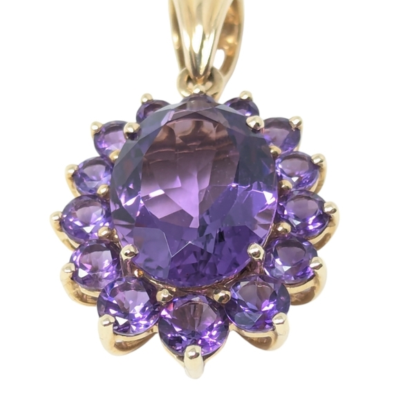 14kt Vintage Solid Yellow Gold Amethyst Oval Round Cluster Pendant - Picture 2 of 11